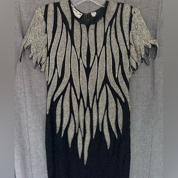 Scala Dresses & Skirts - Vintage SCALA Silk Beaded Formal Evening Maxi Dress Petite Small Silver Black